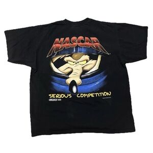 Vintage 1996 Black Looney Tunes NASCAR Two Sided Racing Tee Wile E Coyote